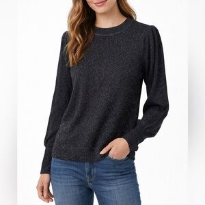 Loft Women Gold Shimmer Sweater Color Black Medium Long Puffy Sleeve Holiday NWT